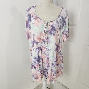 Torrid Top Womens 1 Purple Tie Dye Lenny Tie Front Tiered Babydoll Festival NWT